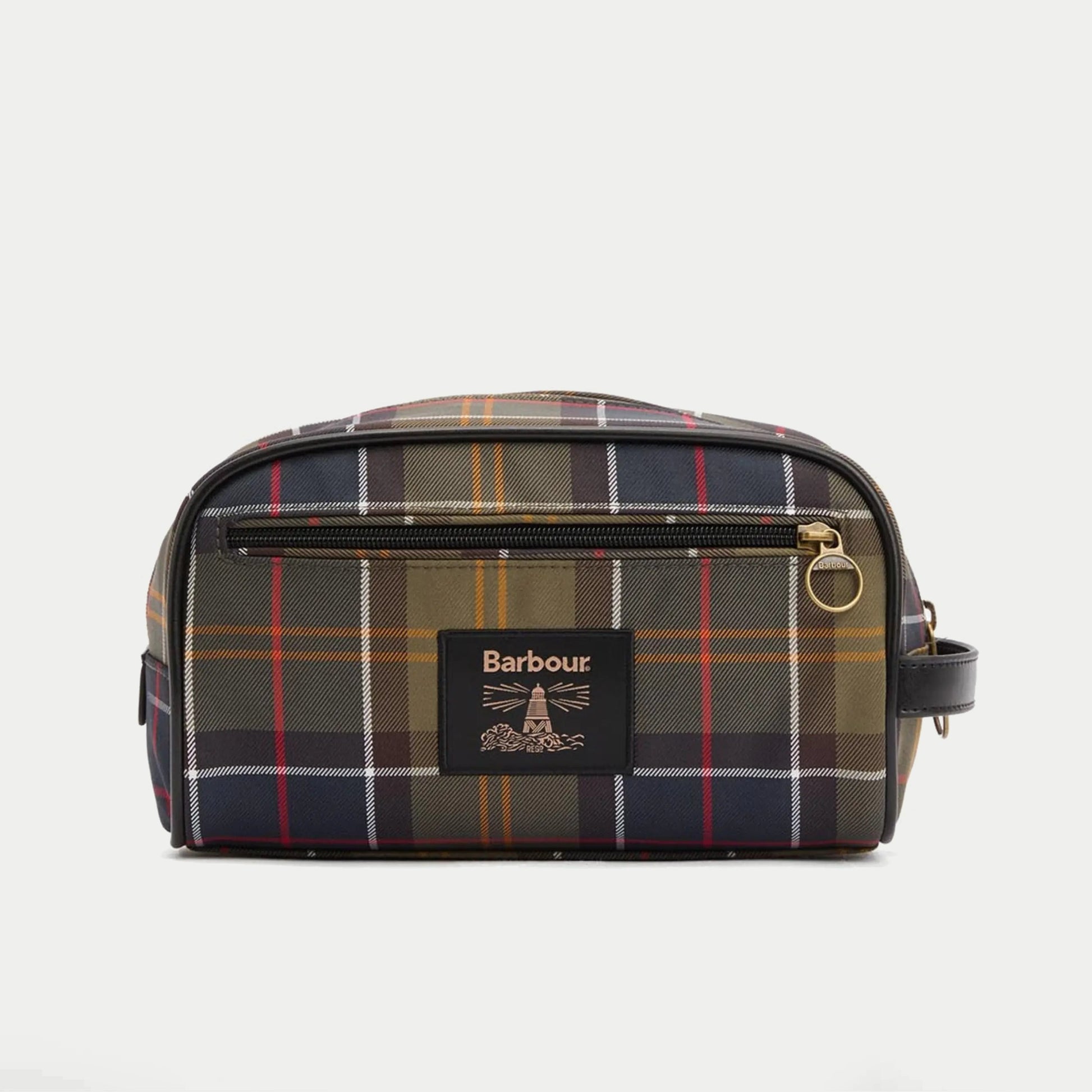 Trousse de toilette tartan Barbour - packshot de face, patch Barbour brodé et zip à tirette anneau