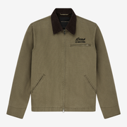Veste Address Workwear olive Deus Ex Machina vue de face, col en velours côtelé marron, zip et logo brodé sur la poitrine