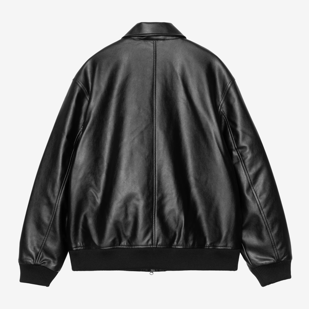 Dos à plat de la veste Arizona noire Carhartt WIP : simili cuir lisse, couture centrale verticale, bande de côtes en bas