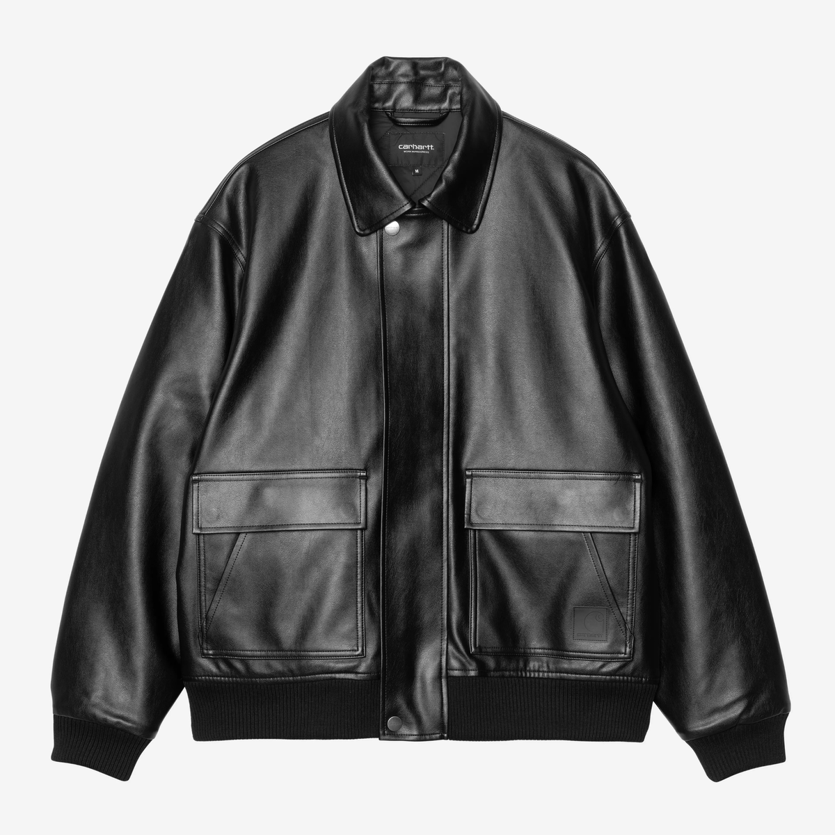 Veste Arizona noire Carhartt WIP à plat de face, fermée : col chemise, deux poches plaquées à rabat, bas et poignets côtelés