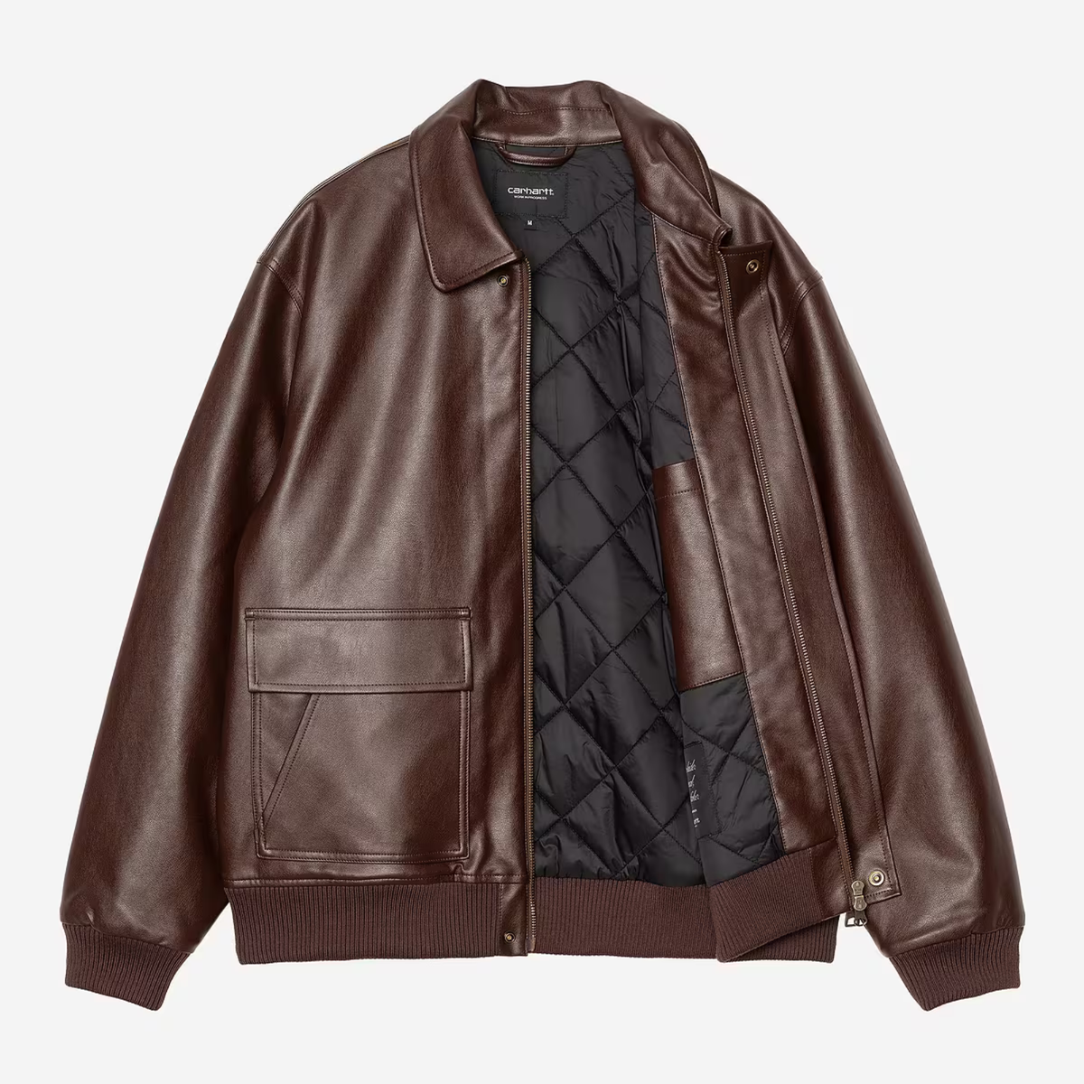 Veste Arizona Tobacco Carhartt WIP ouverte sur sa doublure matelassée noire à surpiqûres losange