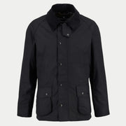 Veste cirée Ashby Barbour noire vue de face, col en velours côtelé noir et doublure tartan