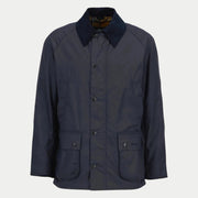 Veste cirée Ashby Barbour marine vue de face, col en velours côtelé et doublure tartan apparente