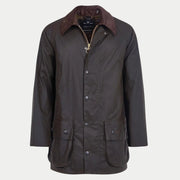 Veste cirée Beaufort olive Barbour à plat, coupe longue, col velours marron et doublure tartan