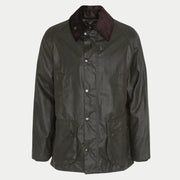 Veste Bedale Archive Olive Barbour de face, toile cirée lustrée qui accroche la lumière, pressions nickel brillantes