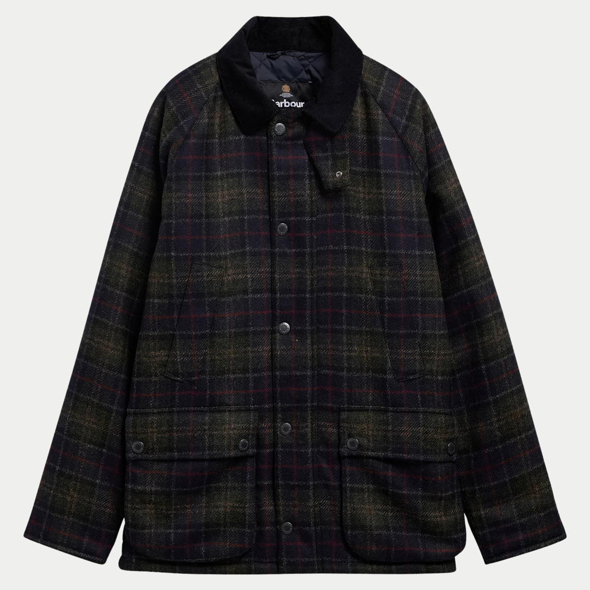 Veste Bedale en laine Barbour, tartan olive foncé à plat de face, col en velours côtelé et poches basses à rabat