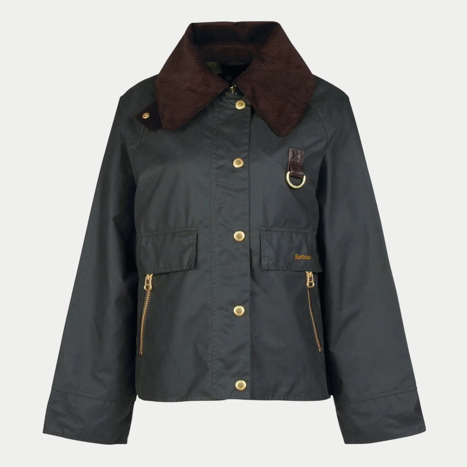 Veste Catton sage Barbour - packshot de face, col en velours côtelé chocolat et anneau en D laiton