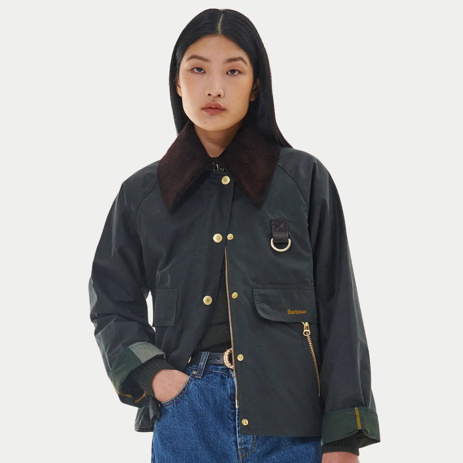Veste Catton sage Barbour - portée ouverte, zip à anneau et poches zippées