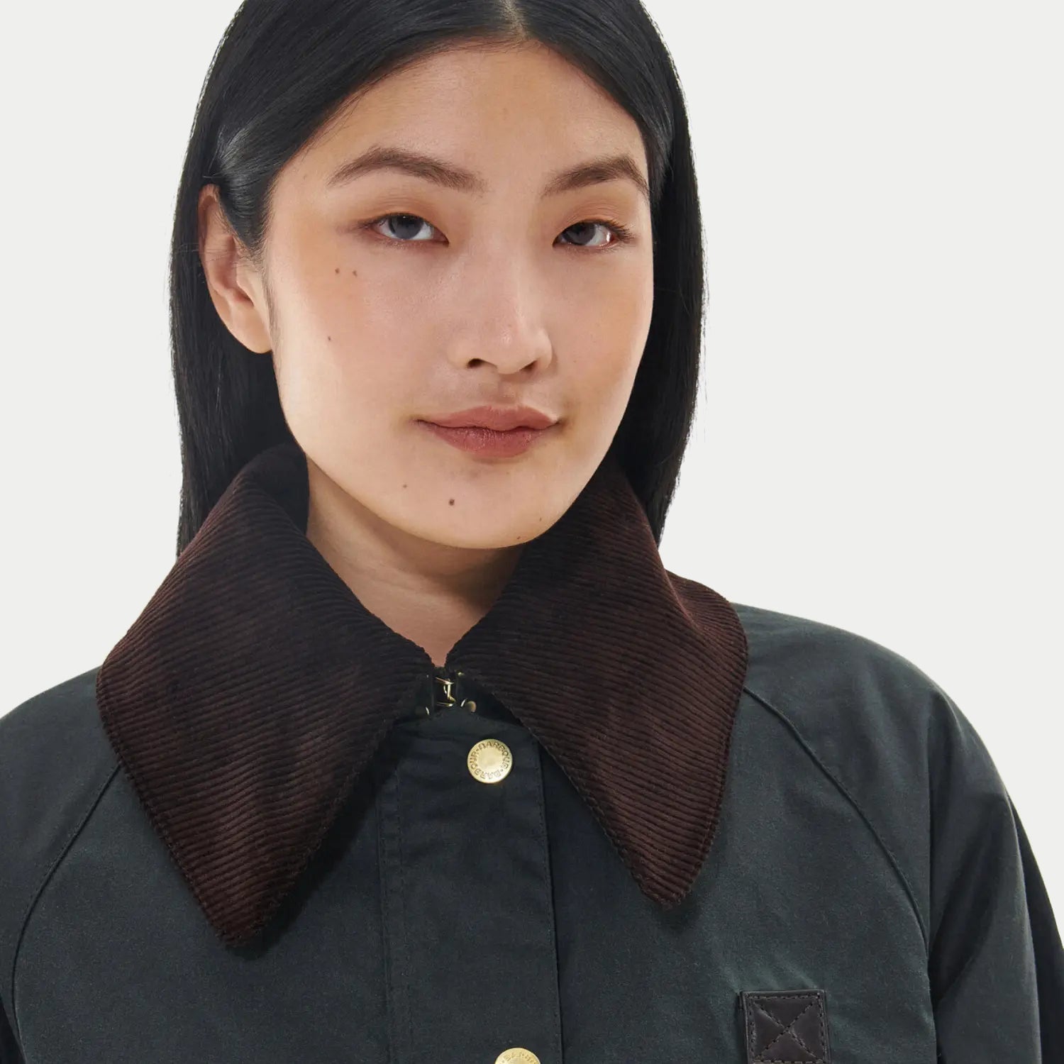 Veste Catton sage Barbour - gros plan sur le col en velours côtelé et les pressions laiton