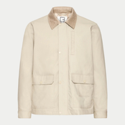 Veste en coton ciré beige à plat, col en velours côtelé et deux grandes poches à rabat