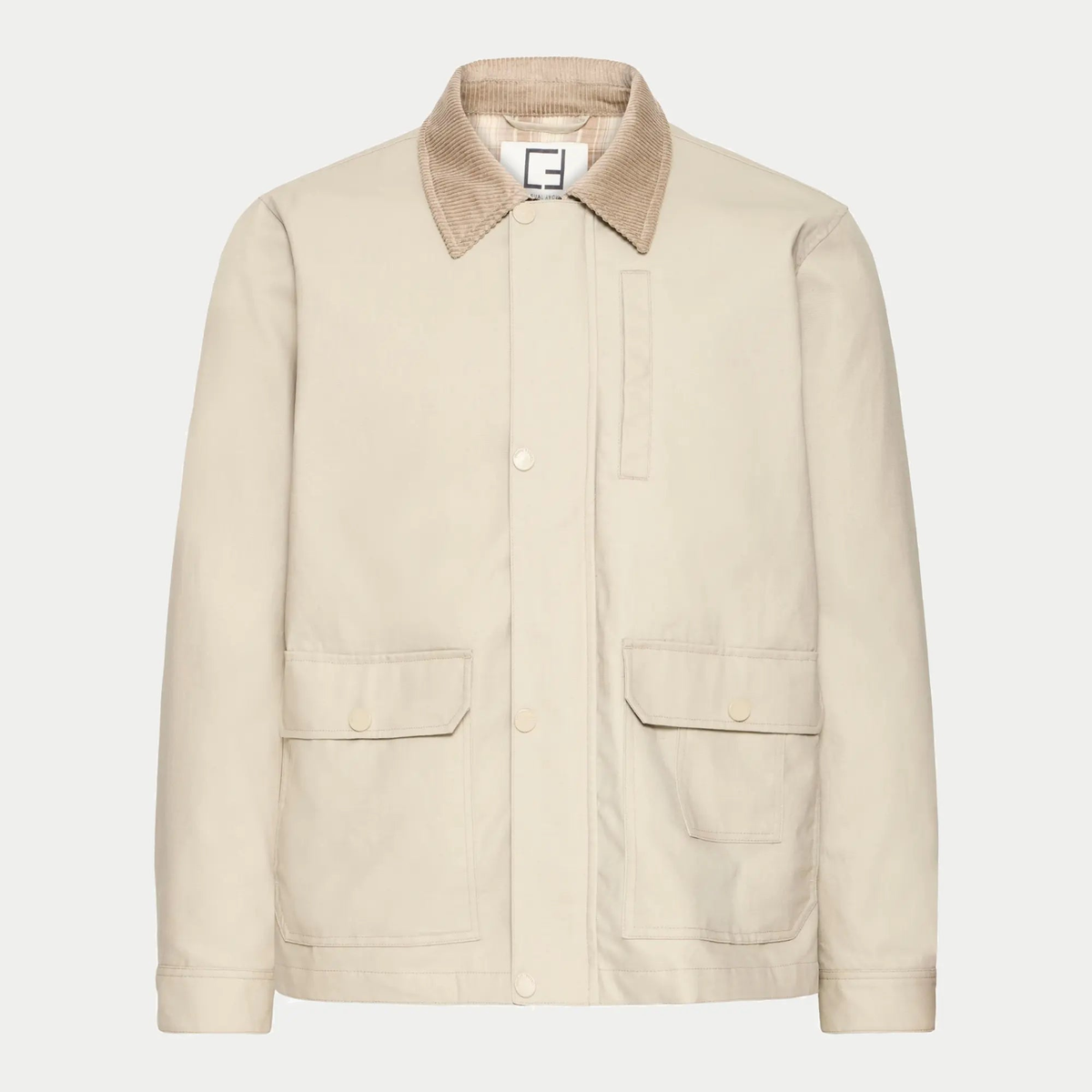 Veste en coton ciré beige à plat, col en velours côtelé et deux grandes poches à rabat