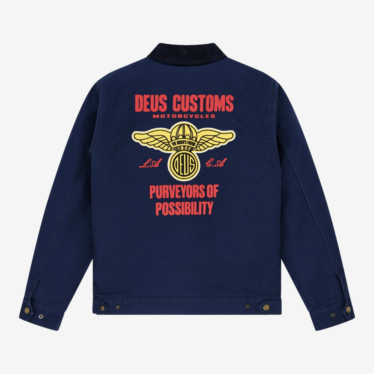 Veste Cutaway Bleu Marine Deus Ex Machina, dos à plat : broderies Deus Customs Motorcycles rouges et écusson ailé jaune