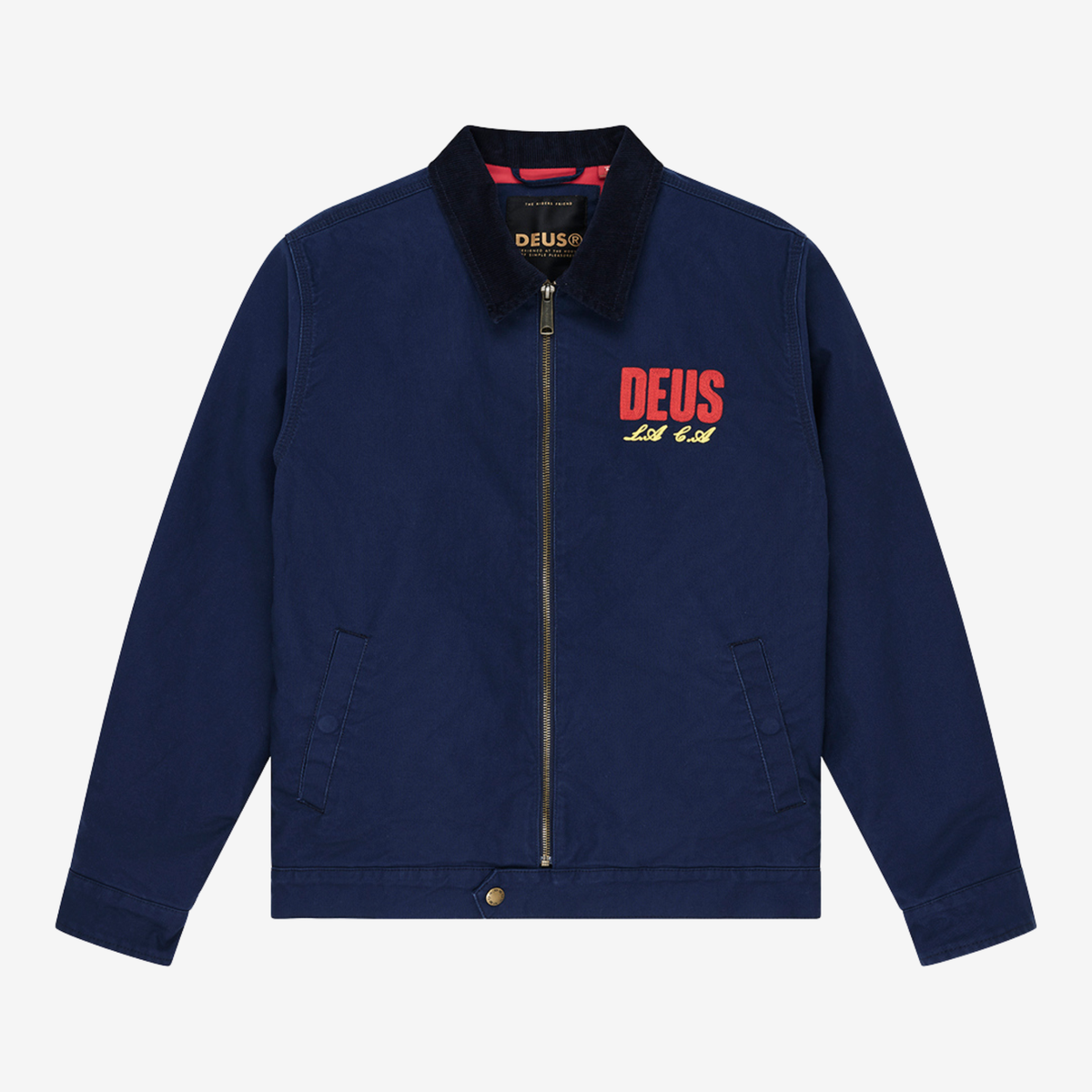 Veste Cutaway Bleu Marine Deus Ex Machina à plat de face : col en velours côtelé, zip et broderie DEUS rouge et jaune
