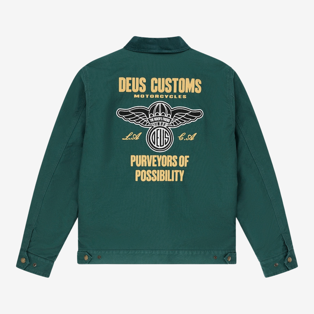 Veste Cutaway Racing Green Deus Ex Machina, dos à plat : broderies Deus Customs Motorcycles sable et écusson ailé noir