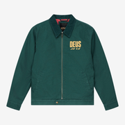 Veste Cutaway Racing Green Deus Ex Machina à plat de face : col en velours côtelé, zip et broderie DEUS couleur sable