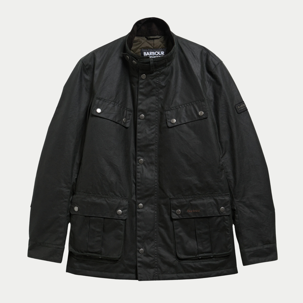 Veste cirée Duke Sage Barbour International à plat, face fermée, col velours relevé et quatre poches à rabat