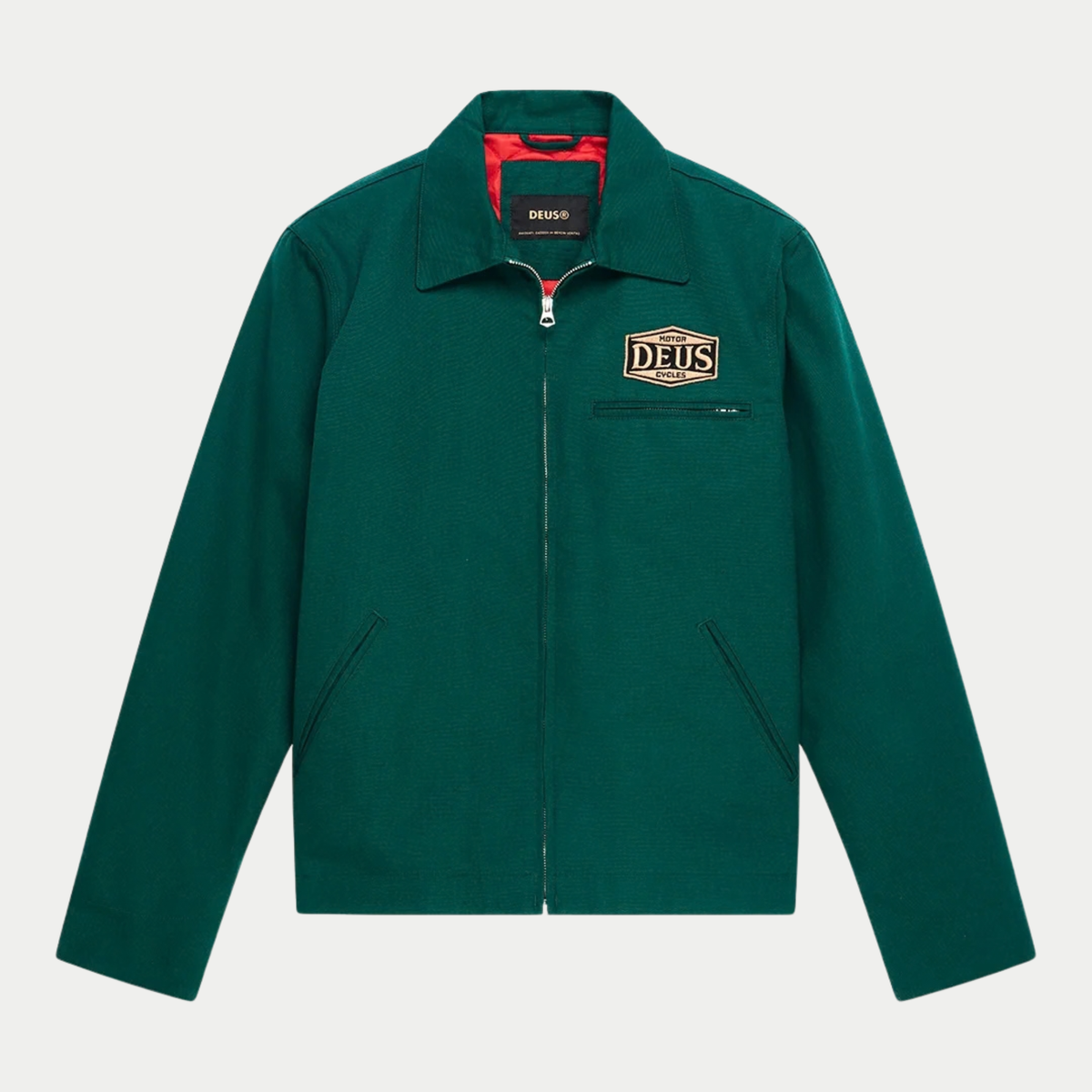 Veste Earls Work Racing Green Deus Ex Machina - face avant, zip ouvert sur doublure rouge, écusson Motor Cycles