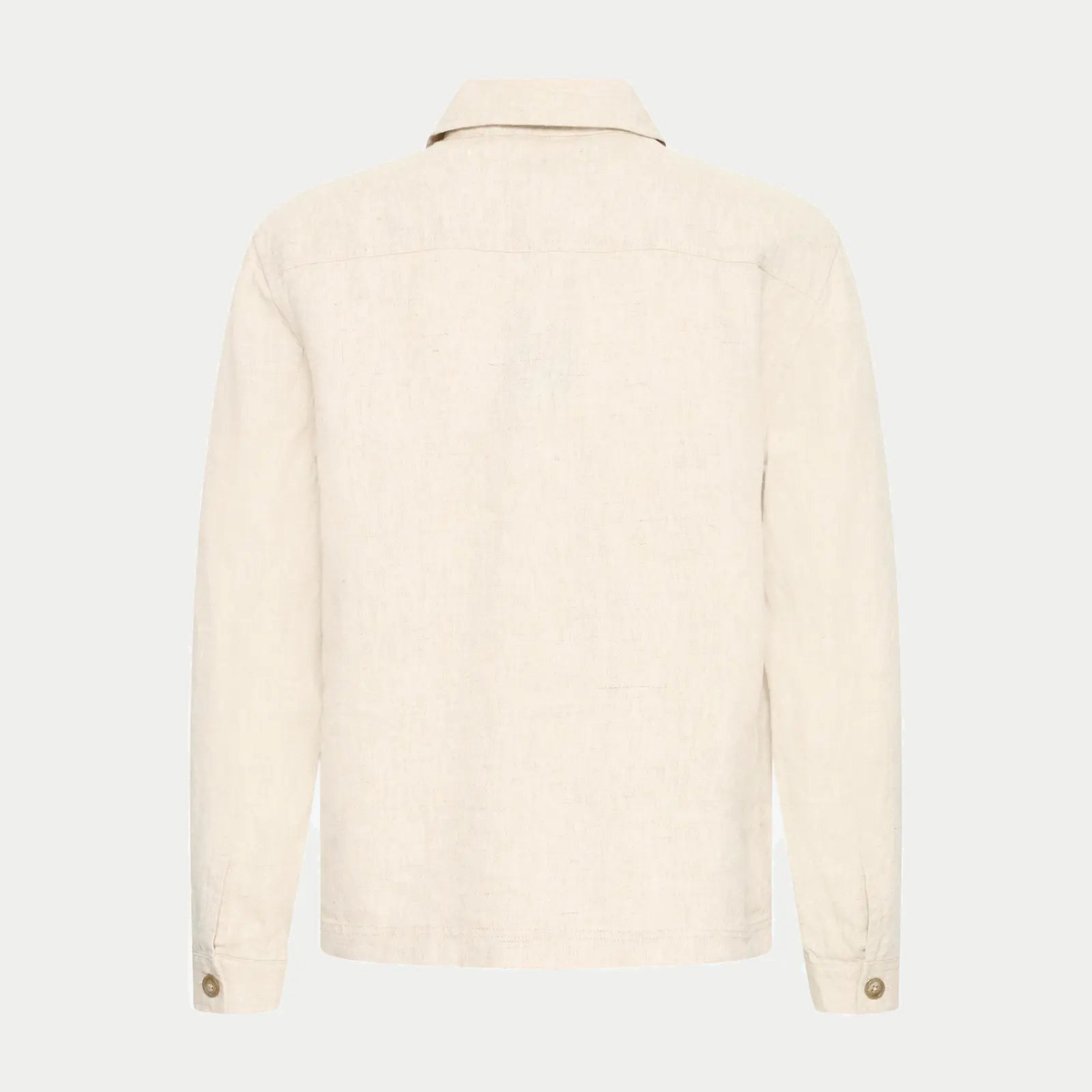 Dos de la veste en lin beige naturel à plat : empiècement d'épaule, tombé droit et poignets boutonnés