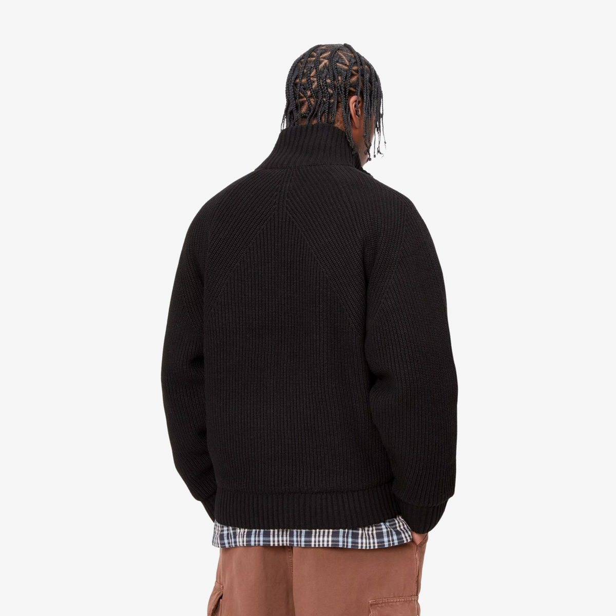 Veste en maille Banley noire Carhartt WIP portée de dos, col montant relevé et bas côtelé