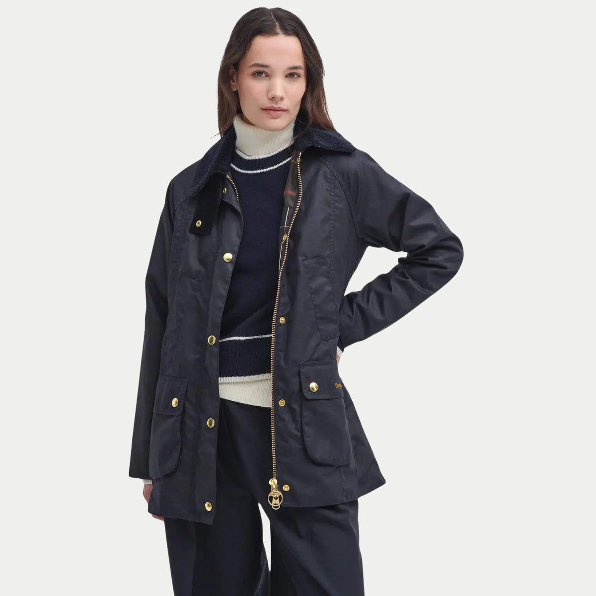 Modern Beadnell Bleu Marine ouverte, zip laiton à tirette anneau et poches poitrine passepoilées