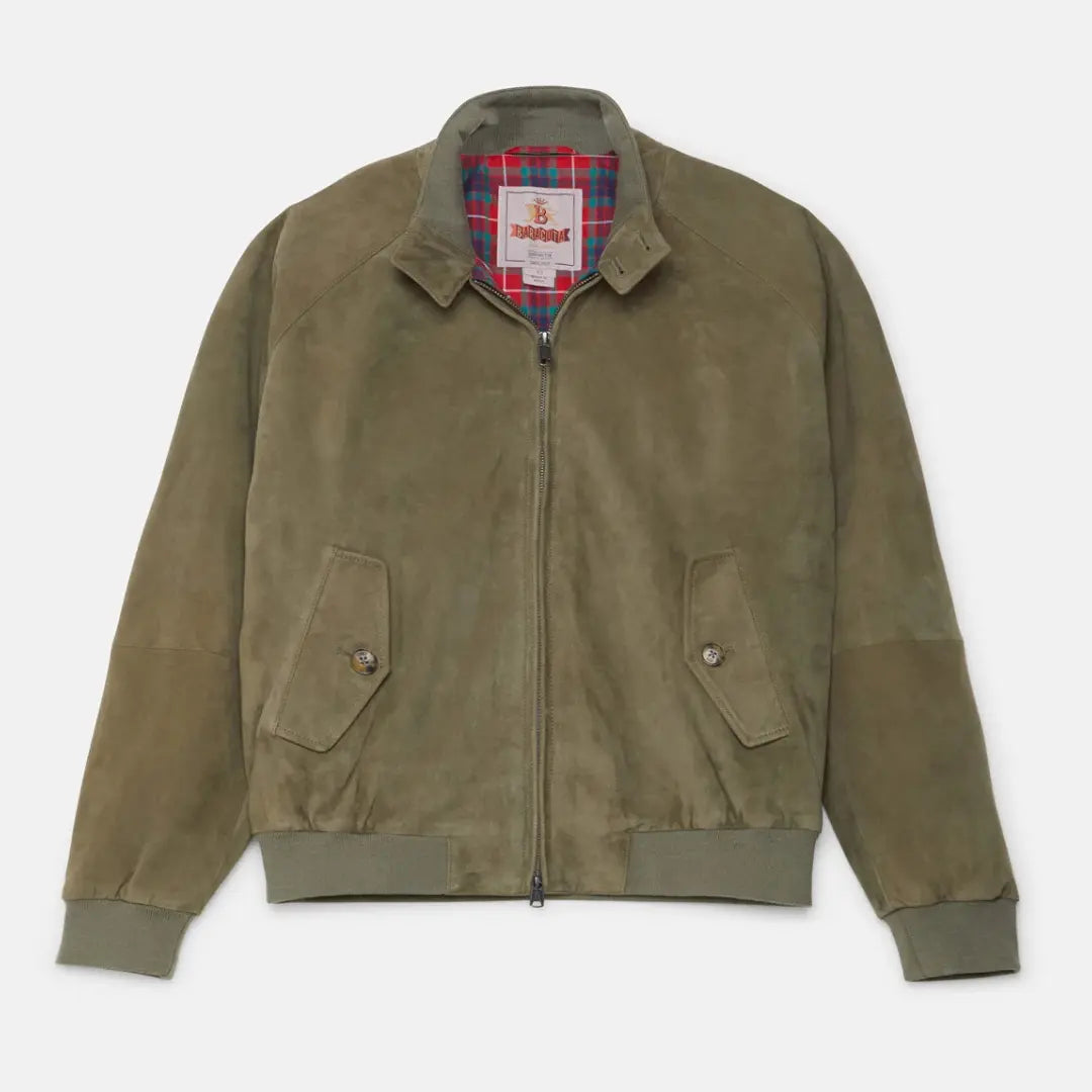 Veste G9 en daim vert kaki clair coloris Lichen Green, à plat, zip ouvert sur la doublure tartan rouge et vert canard