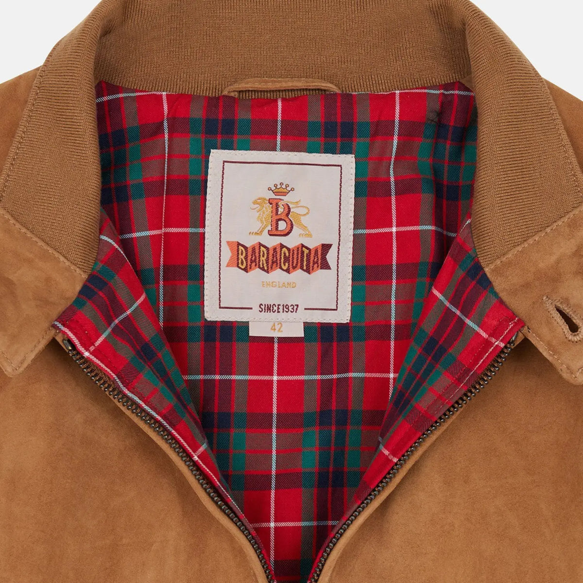 Doublure tartan rouge, vert sapin et bleu nuit à lignes blanches, étiquette Baracuta England depuis 1937