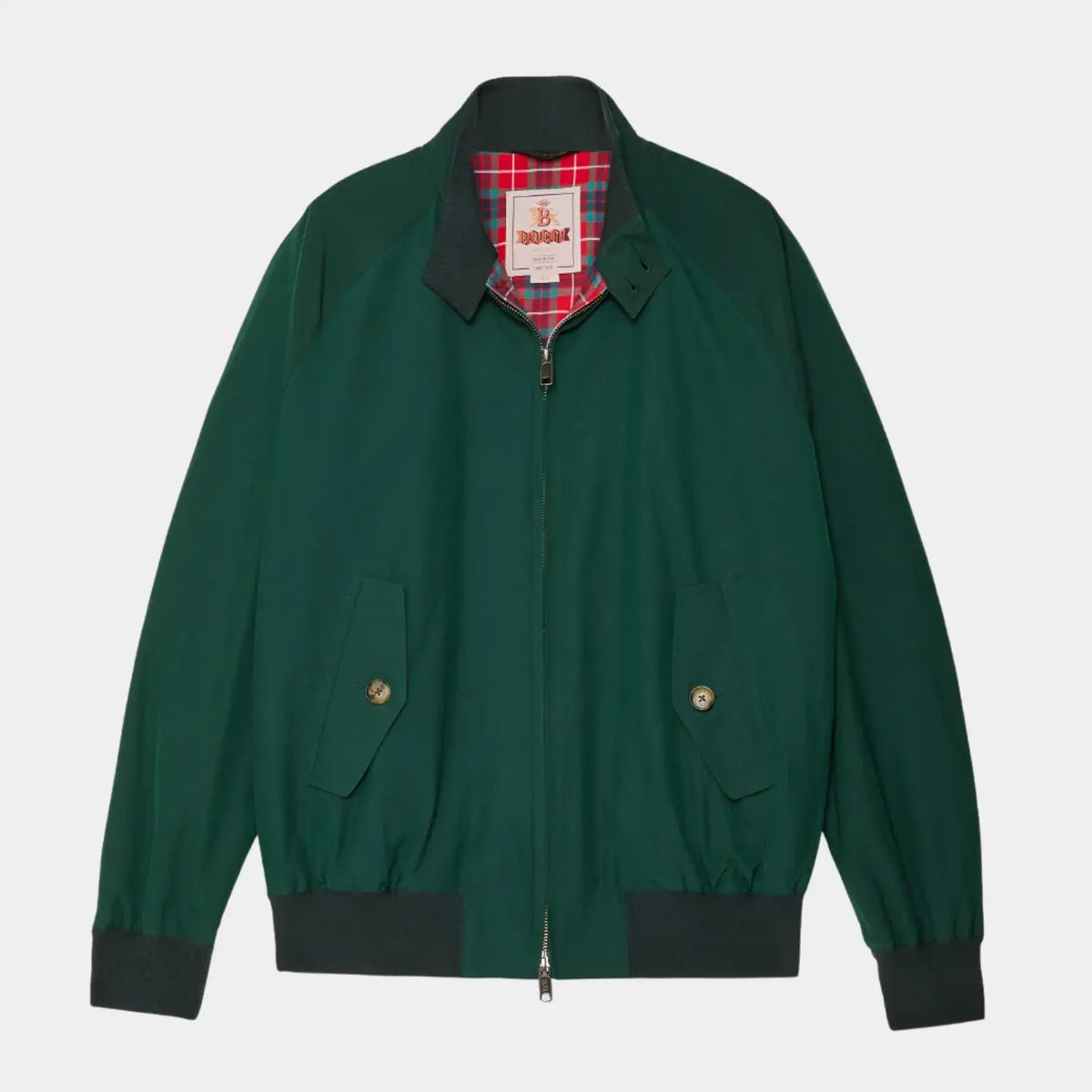 Veste G9 coloris Racing Green, vert sapin, à plat : col rabattu sur la doublure tartan Fraser rouge