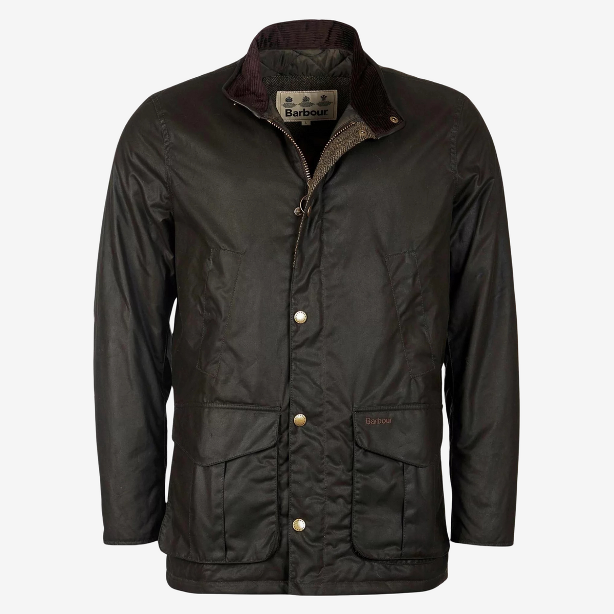 Veste cirée Barbour Hereford Olive à plat de face, col en velours côtelé, pressions dorées et poches basses à rabat