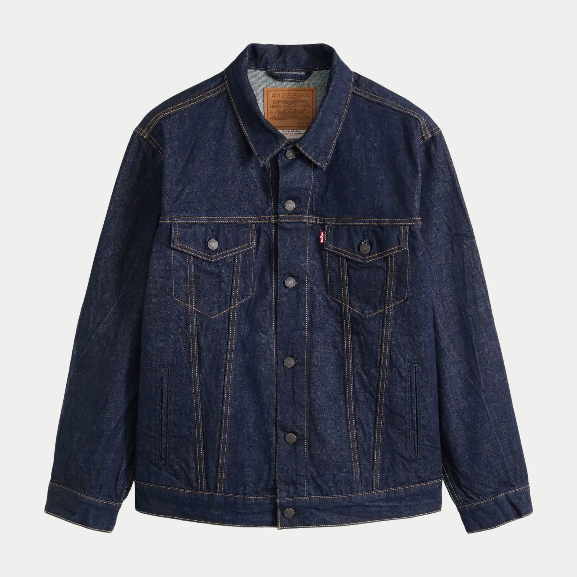 Veste Trucker Relaxed Fit Levi's Wash It Out Rinsed, denim indigo brut, vue à plat de face boutonnée