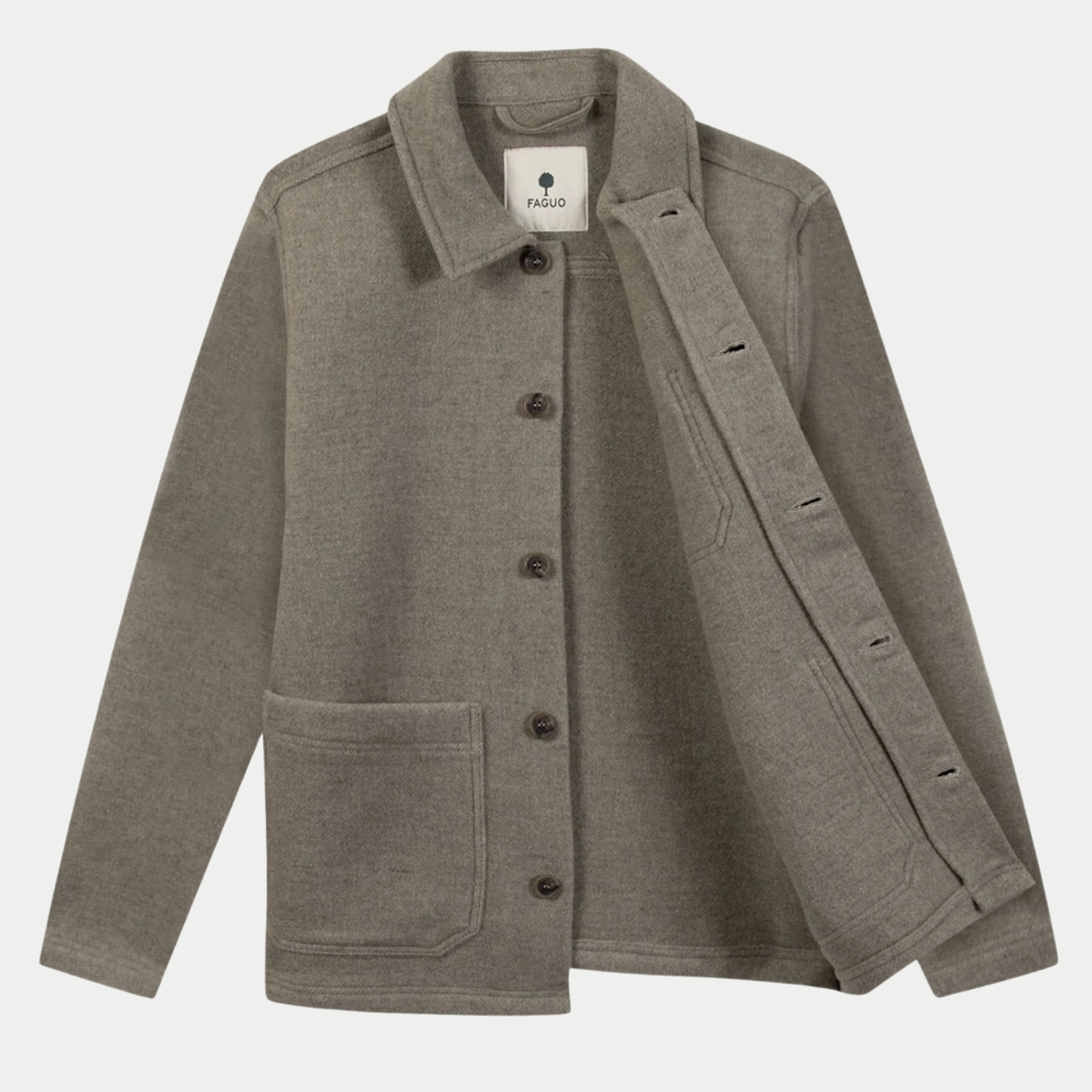 Veste Lorge Laine beige chiné Faguo entrouverte à plat, patte de boutonnage et poche basse