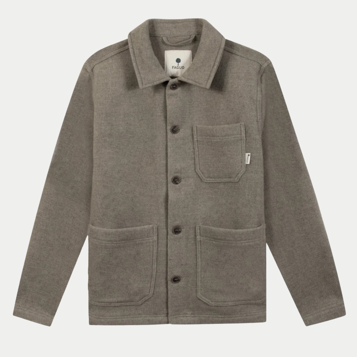 Veste Lorge Laine beige chiné Faguo, à plat de face, col chemise et poche poitrine plaquée