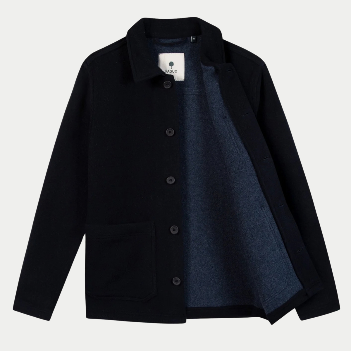 Veste Lorge Laine bleu marine Faguo ouverte à plat, envers du lainage bleu ardoise