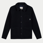 Veste Lorge Laine bleu marine unie Faguo, à plat de face, col chemise et cinq boutons
