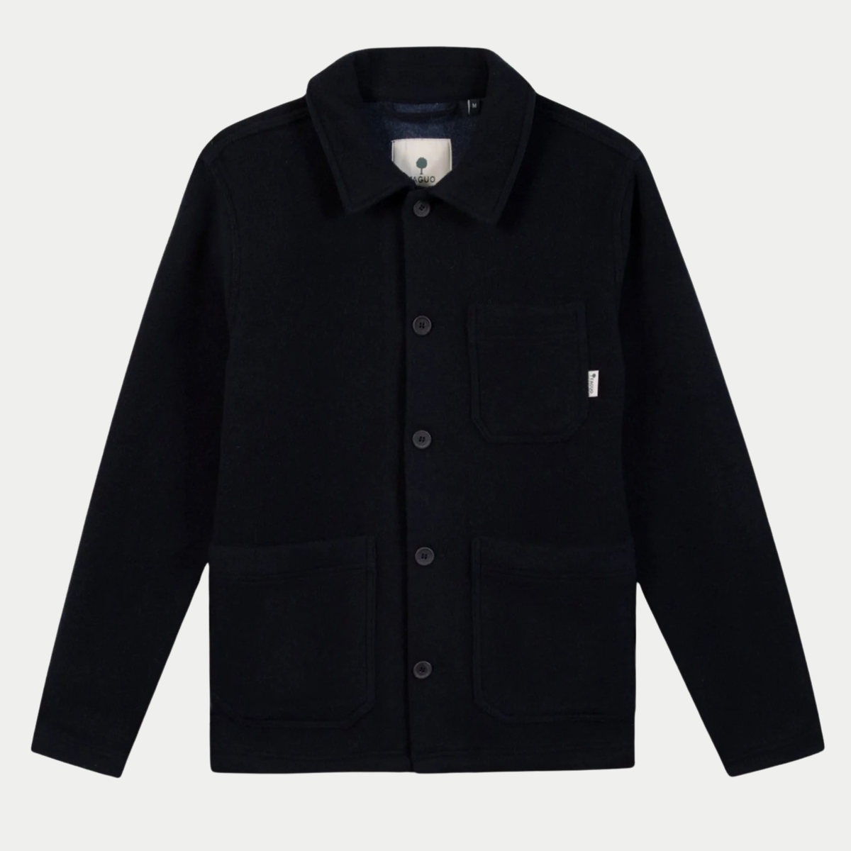 Veste Lorge Laine bleu marine unie Faguo, à plat de face, col chemise et cinq boutons
