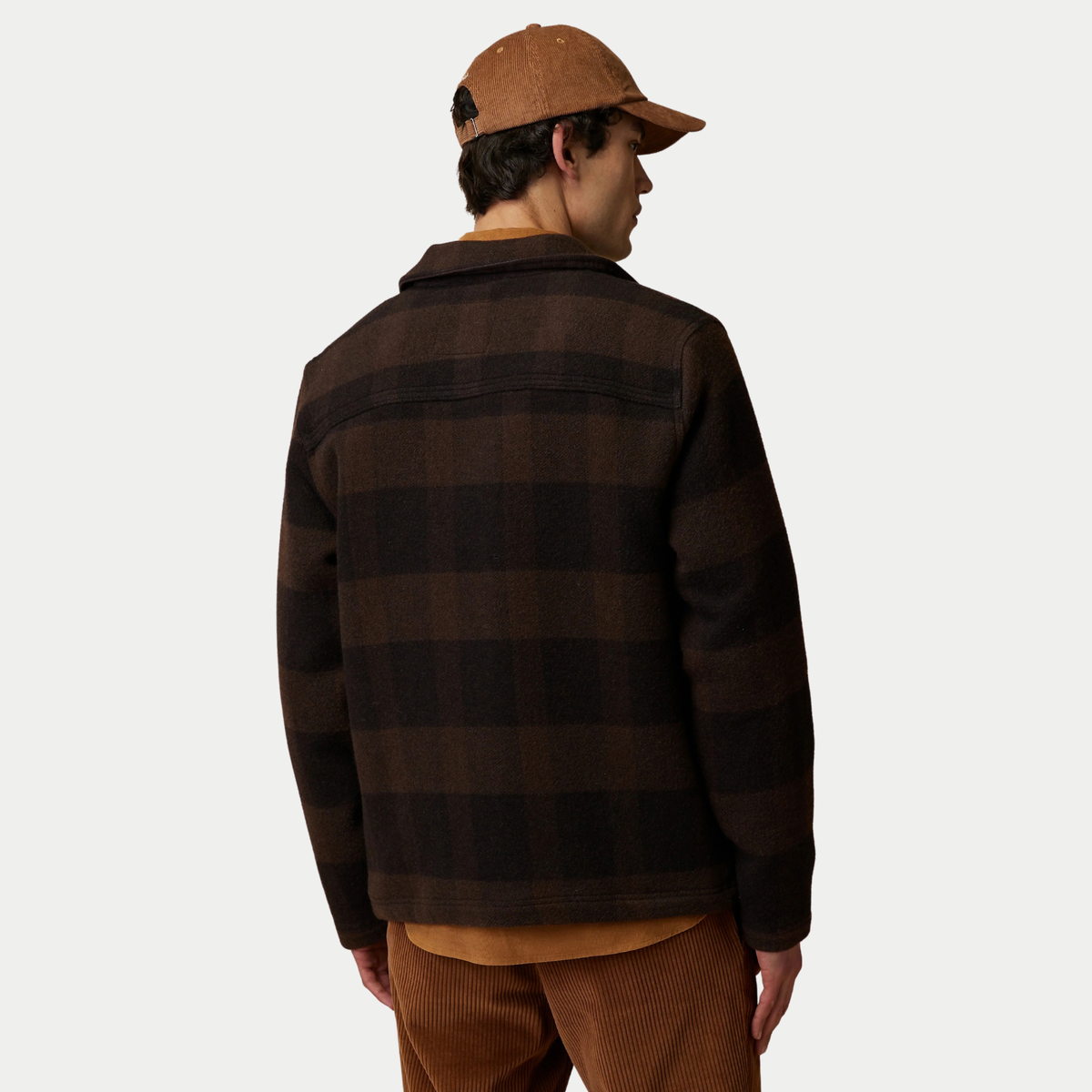 Dos de la veste Lorge Laine marron à carreaux Faguo, empiècement d'épaules et coupe droite
