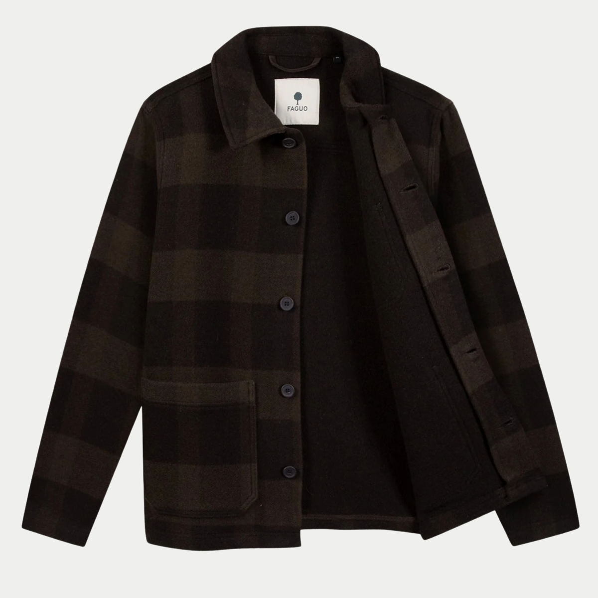 Veste Lorge Laine marron Faguo entrouverte à plat, patte de boutonnage et poche basse plaquée