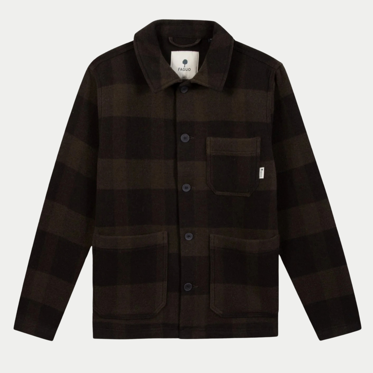 Veste Lorge Laine marron à carreaux Faguo, vue à plat de face, col chemise et boutonnage
