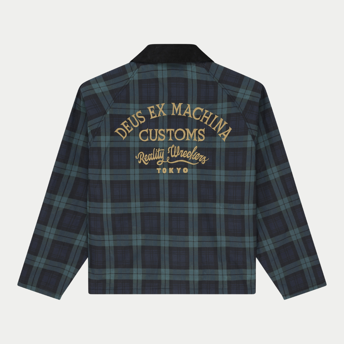 Dos de la veste Marsden Hunting à carreaux verts, manches raglan et broderie sable Deus Ex Machina Customs Tokyo