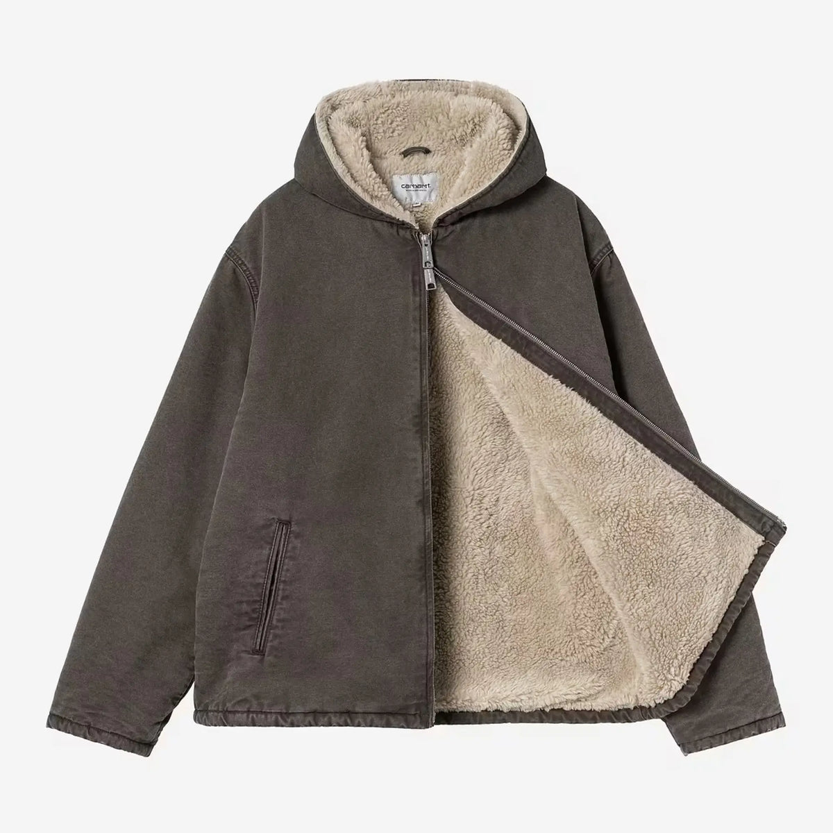 Veste Mitch Hubbard ouverte sur sa doublure sherpa écru intégrale, poche passepoilée et toile délavée