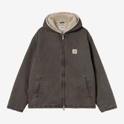 Veste Mitch Hubbard Carhartt WIP brun-gris délavé à plat, capuche doublée sherpa écru et zip argenté