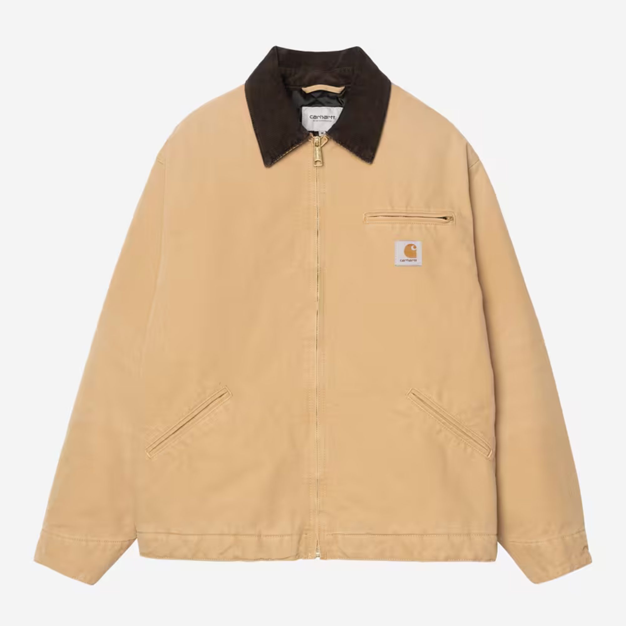 Veste OG Detroit WIP Dusty H Stone Canvas Carhartt WIP à plat de face, toile beige camel et col velours tabac.