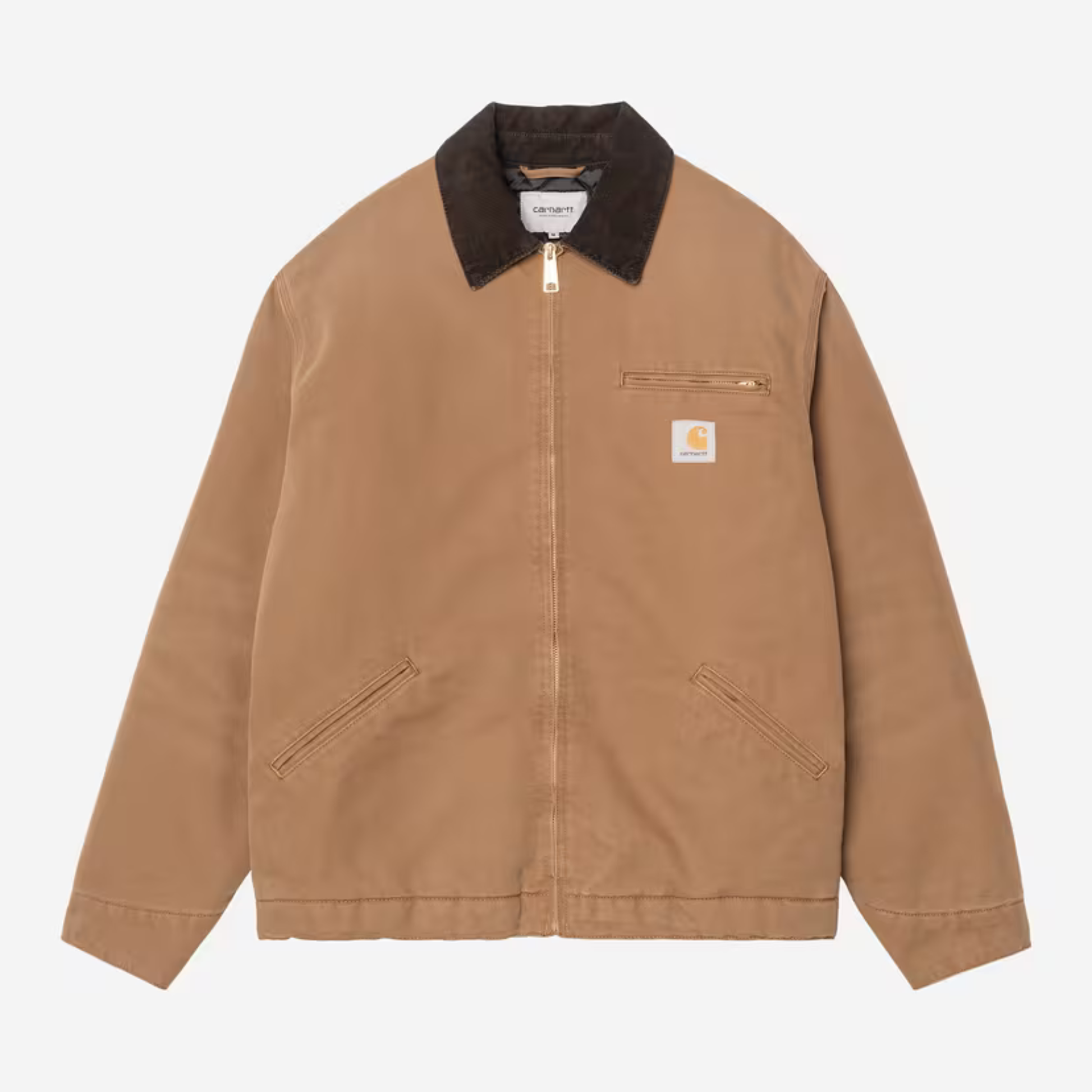 Veste OG Detroit WIP H Brown Stone Canvas Carhartt WIP à plat de face, toile brun caramel et col velours tabac.