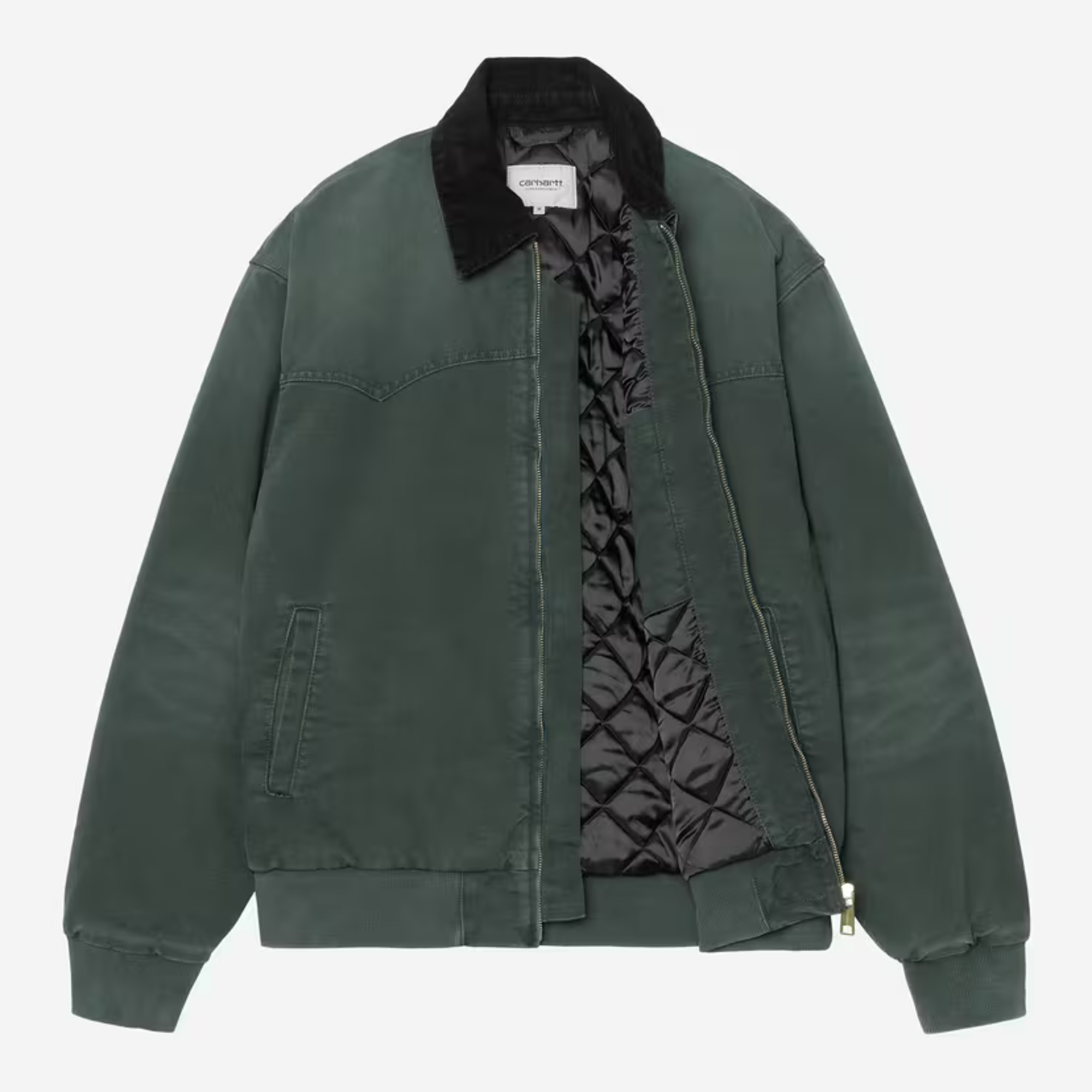 Veste OG Santa Fe Carhartt WIP vert sapin ouverte, doublure matelassée noire en losanges visible