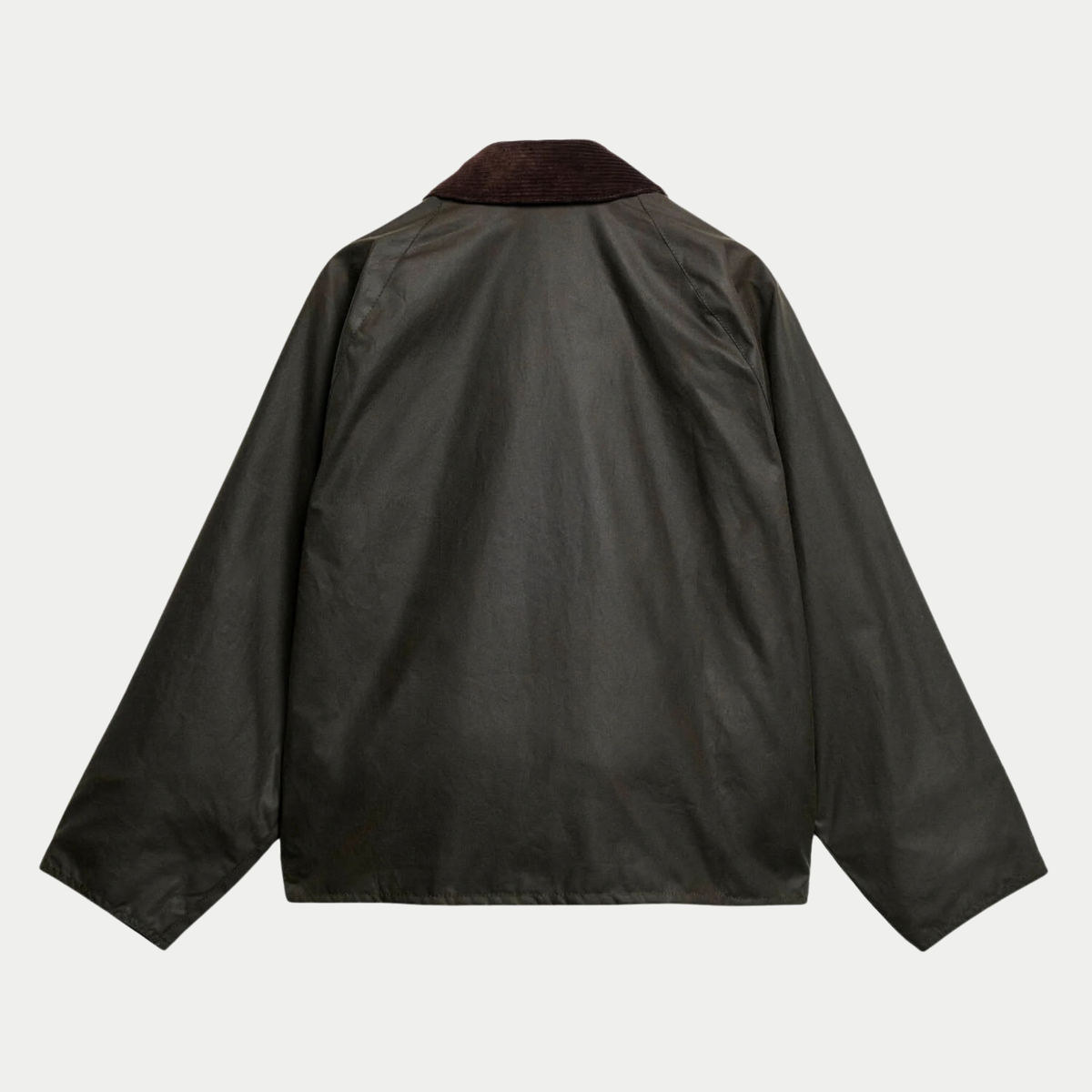 Dos de la veste cirée OS Transport Olive Barbour à plat, manches raglan