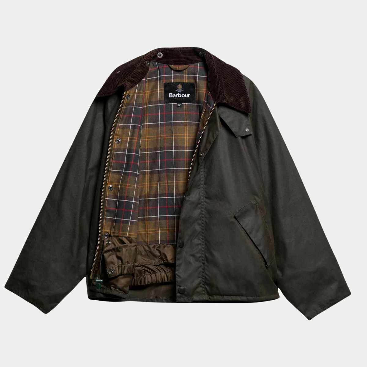 Veste OS Transport Olive Barbour ouverte à plat sur sa doublure tartan et son zip en laiton