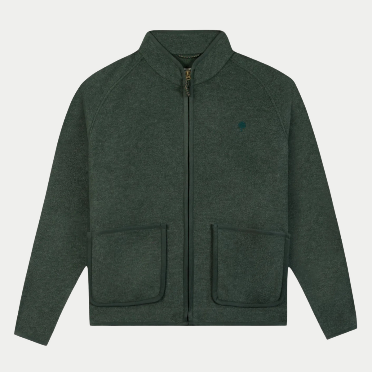 Veste polaire Chinon Faguo vert foncé chiné à plat, vue de face : zip intégral, col montant et deux poches plaquées bordées