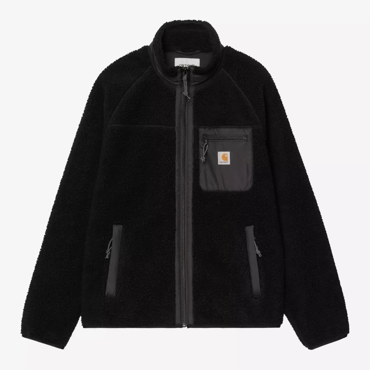 Veste Prentis noire à plat de face, polaire bouclée, poche poitrine en taffetas et étiquette Square Label