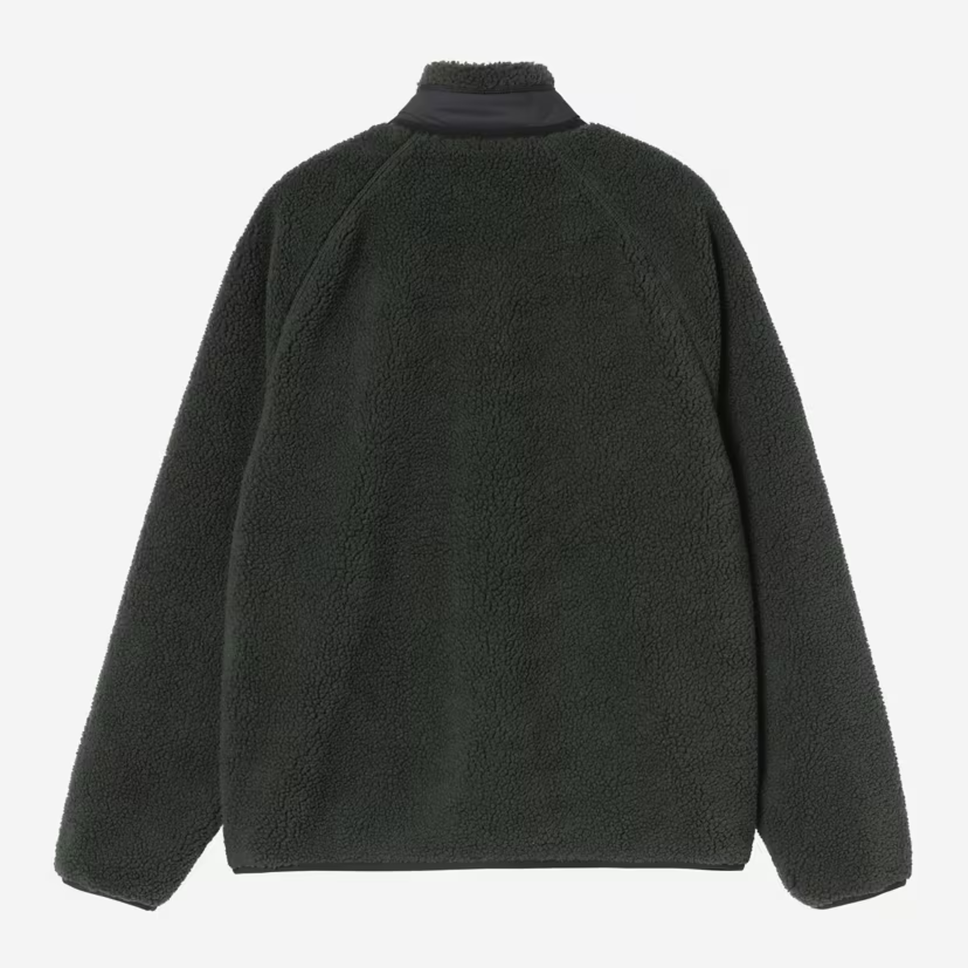 Dos à plat de la veste polaire Prentis Raven, pile vert sapin uni et col montant doublé de nylon.