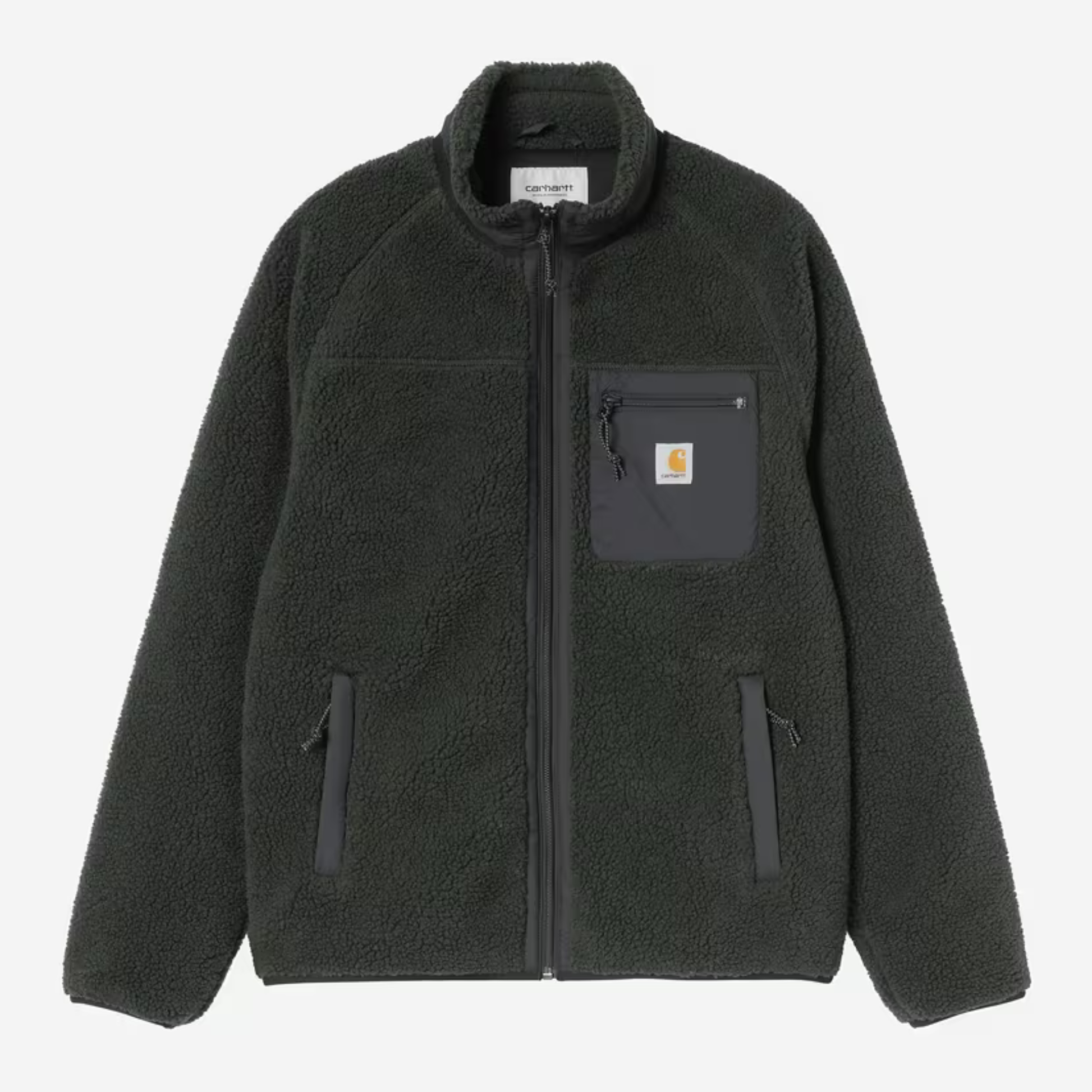 Veste polaire Prentis Raven Carhartt WIP à plat de face, pile vert sapin et poche poitrine en nylon.
