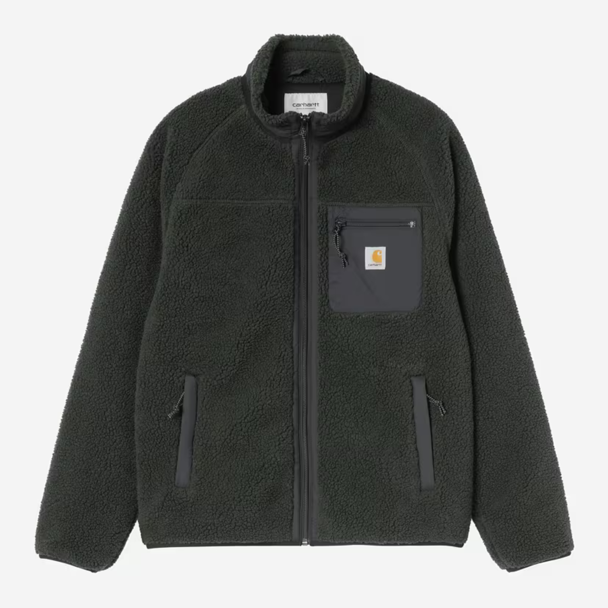 Veste polaire Prentis Raven Carhartt WIP à plat de face, pile vert sapin et poche poitrine en nylon.
